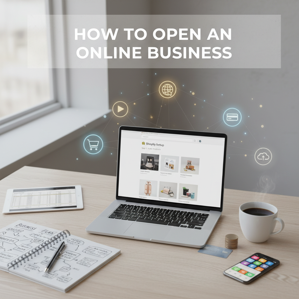 Modern workspace with laptop, business plans, and digital commerce icons for starting an online business.