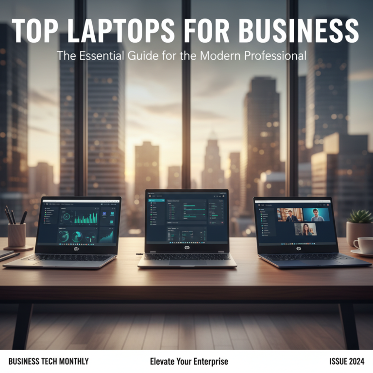 Top business laptops showcased on a sleek office desk with cityscape views and pro dashboards displayed.