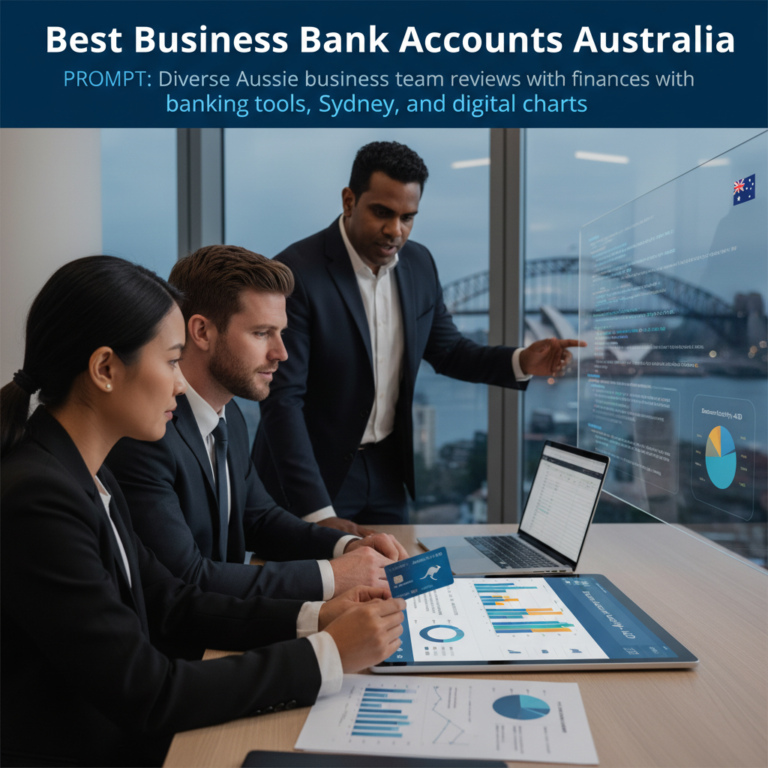 Diverse Aussie business team reviews finances with banking tools, Sydney skyline, and digital charts.