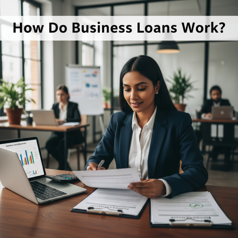 Small business owner reviews loan documents at desk, highlighting the business loan application process.