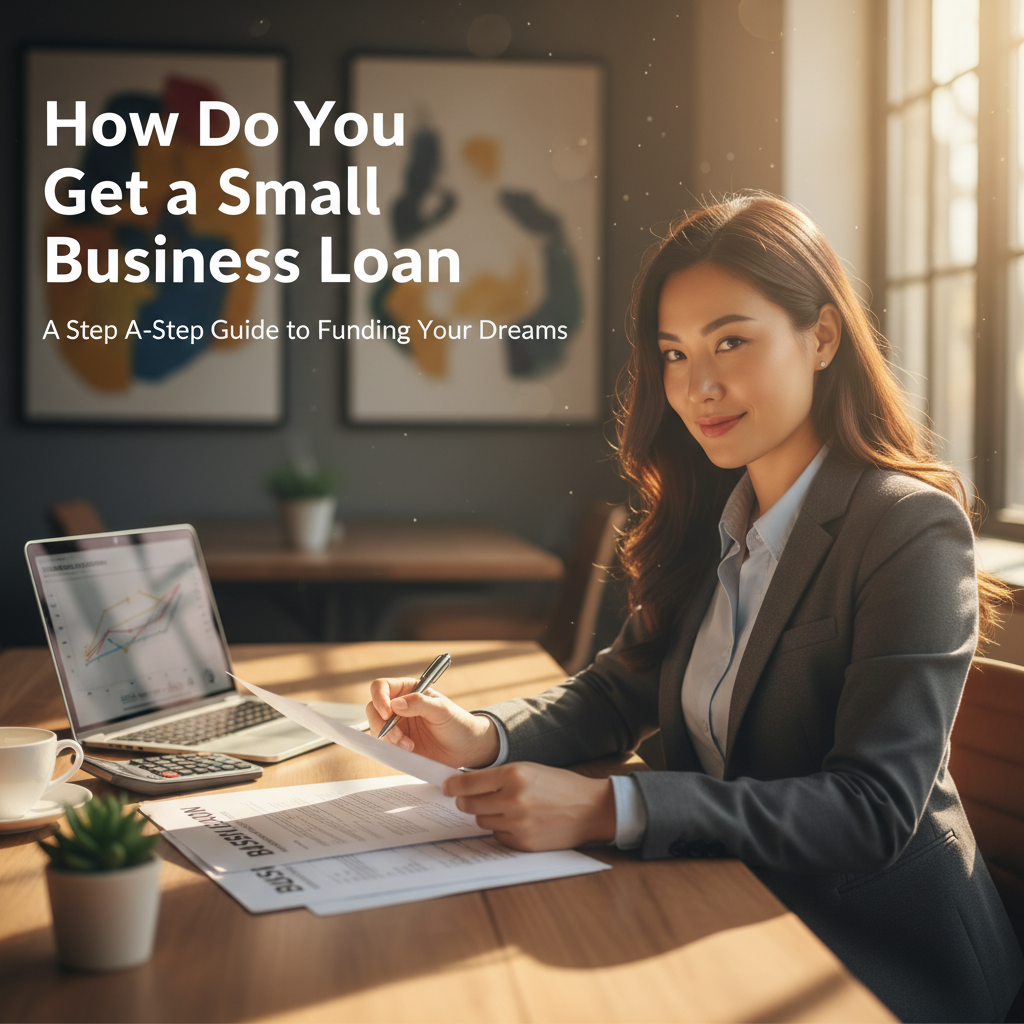 Small business owner confidently reviewing a business loan application in a bright, modern workspace.