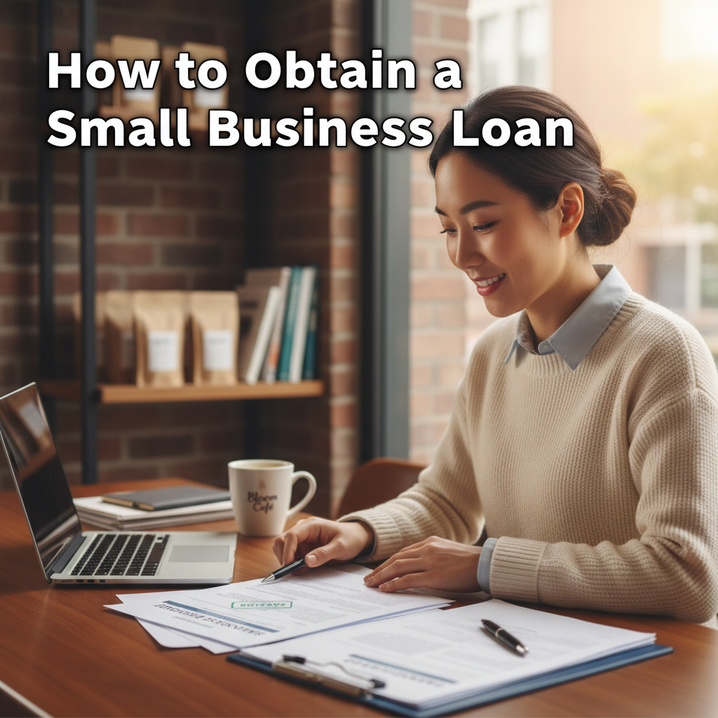 How to Obtain a Small Business Loan: Confident owner reviews loan forms in a modern, cozy office setting.