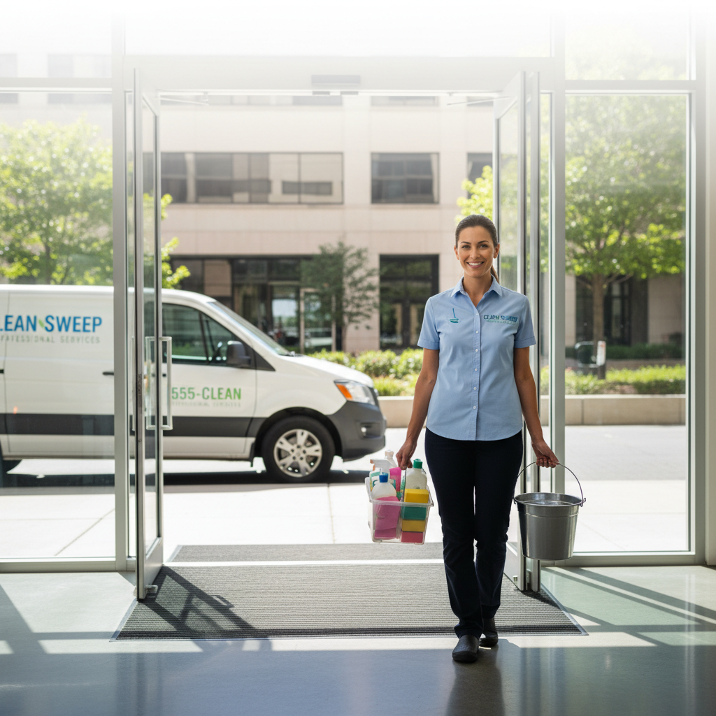 Entrepreneur ready to clean, supplies in hand, next to branded van at a sparkling modern entrance.