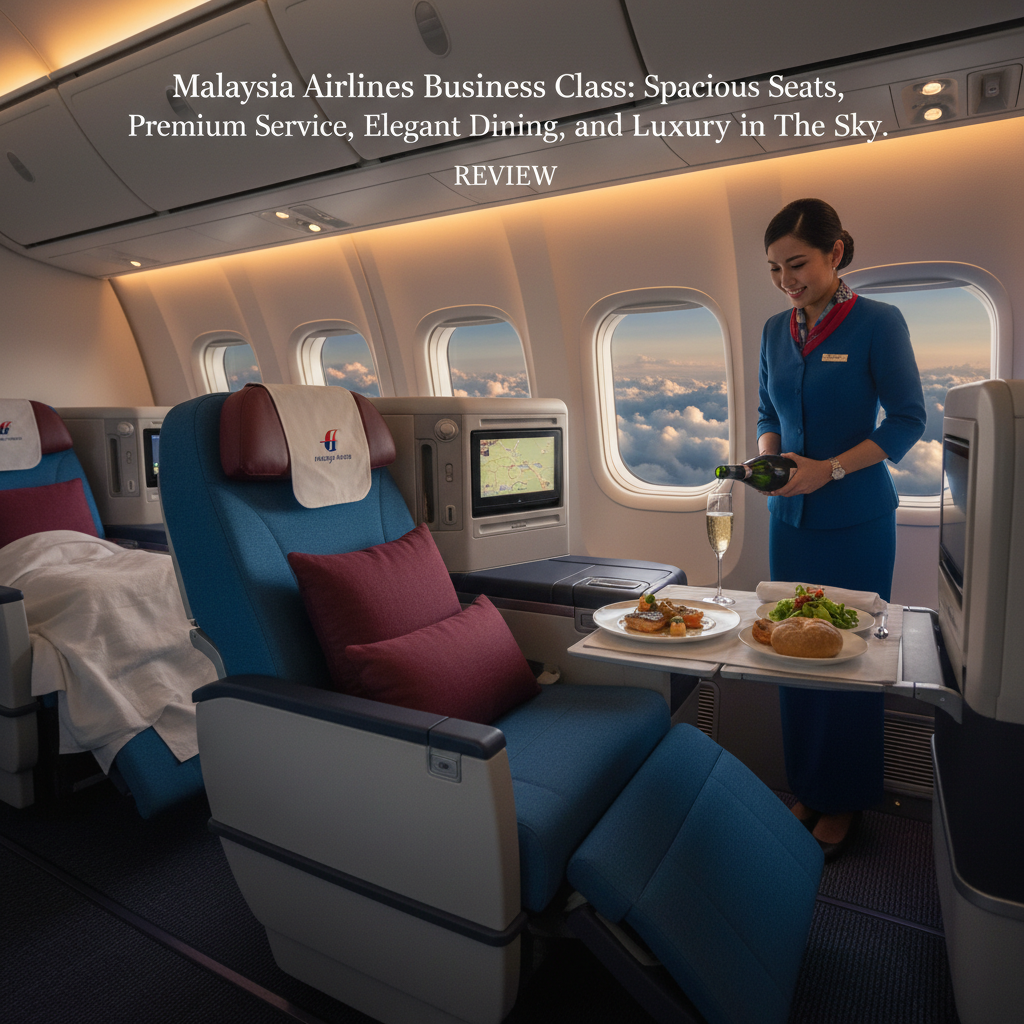 Malaysia Airlines Business Class: spacious seats, premium service, elegant dining, and luxury in the sky.