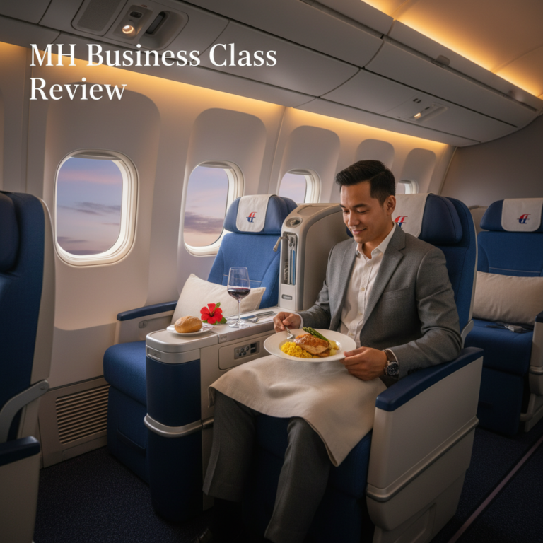 Luxurious Malaysia Airlines business class cabin with plush seats, fine dining, and elegant ambiance.