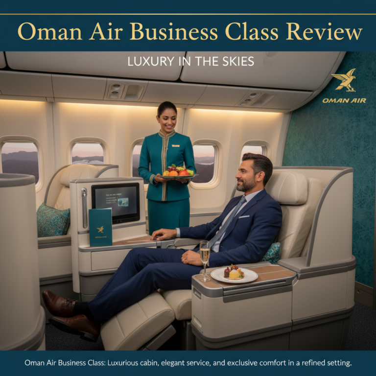 Oman Air Business Class: Luxurious cabin, elegant service, and exclusive comfort in a refined setting.
