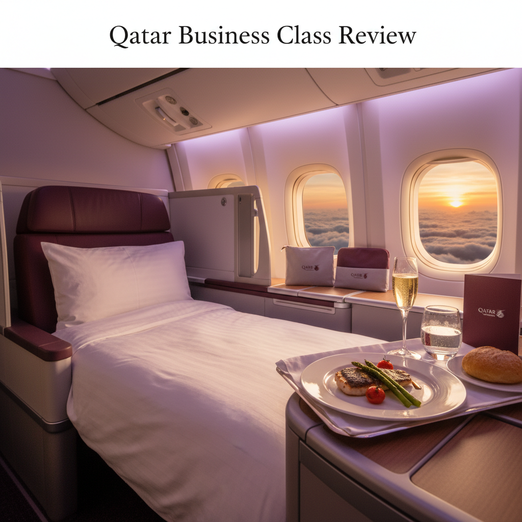 Luxurious Qatar Airways business class seat, gourmet meal, champagne, sunset sky, and burgundy tones.