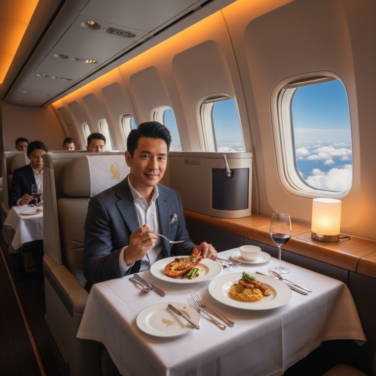 Luxury Singapore Airlines business class cabin with gourmet dining, plush seats, and sky views.