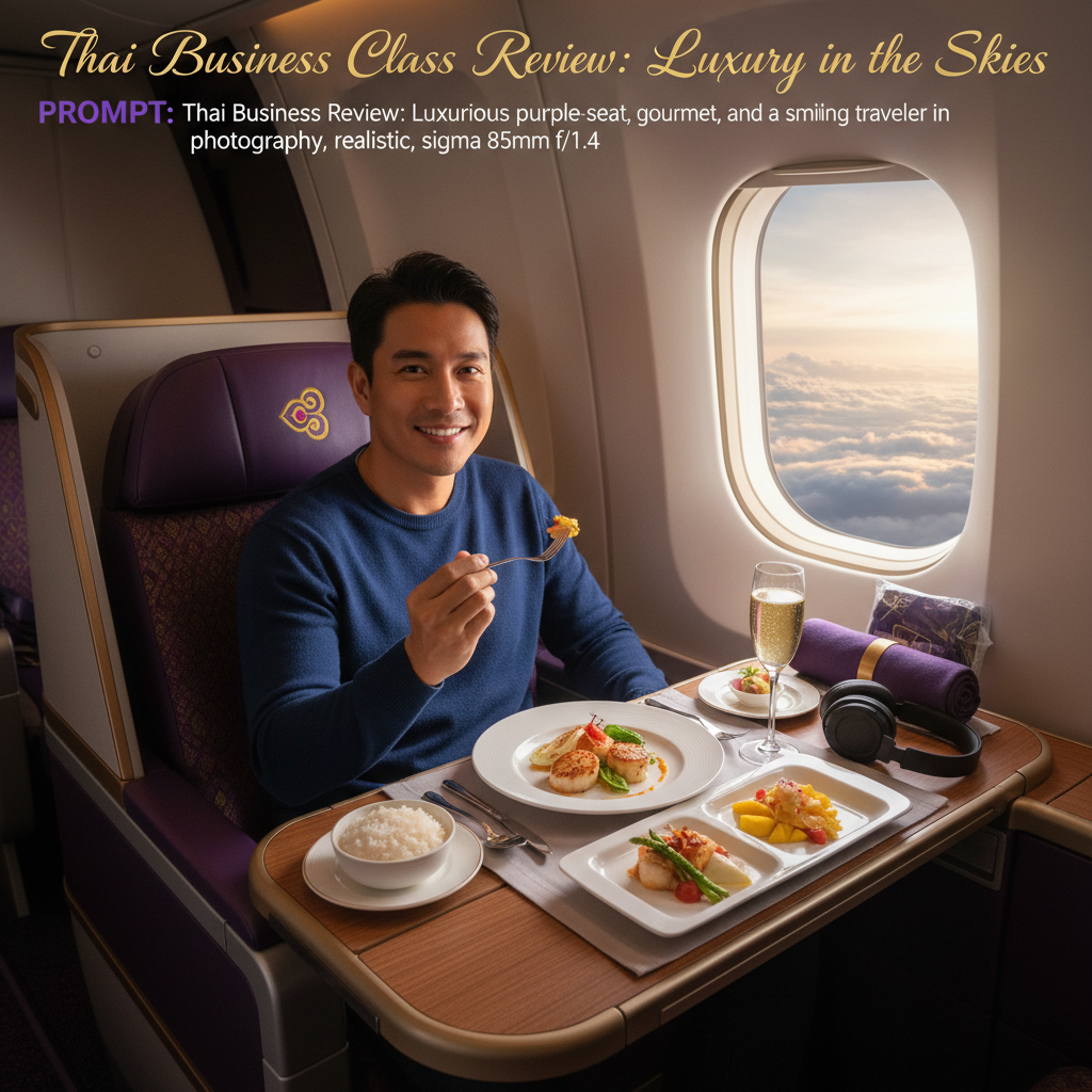 Thai Business Class Review: Luxurious purple-gold seat, gourmet meal, and a smiling traveler in the sky