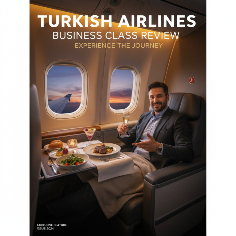 Turkish Airlines business class: luxury seats, gourmet meal, and traveler relaxing with champagne.