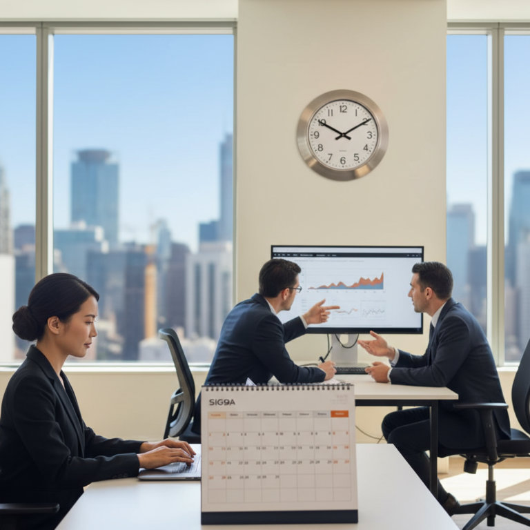 Professionals working in a bright office with a clock and calendar, showing a typical business day.