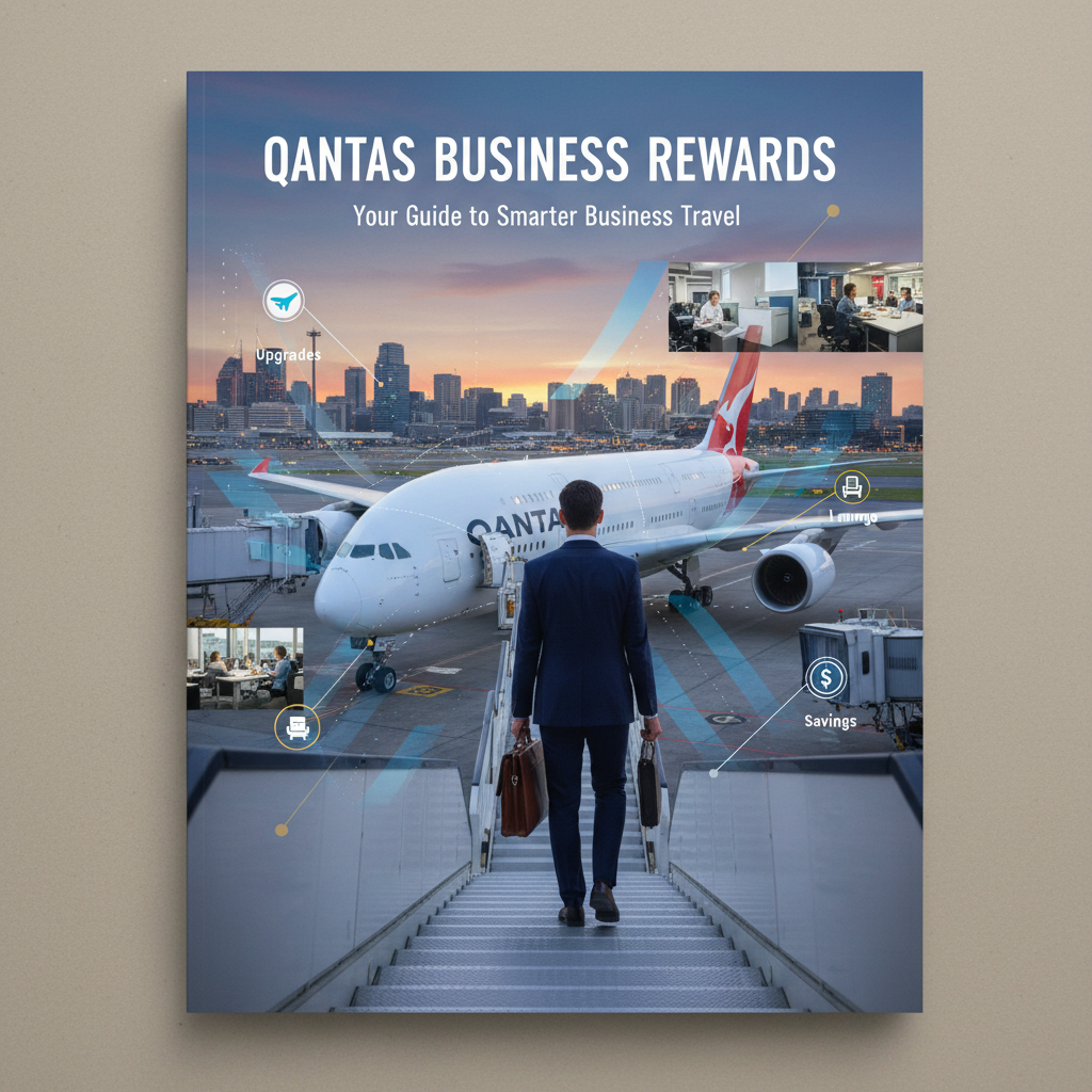 Business traveler boards Qantas jet; background shows city, rewards icons, and Qantas Business Rewards.