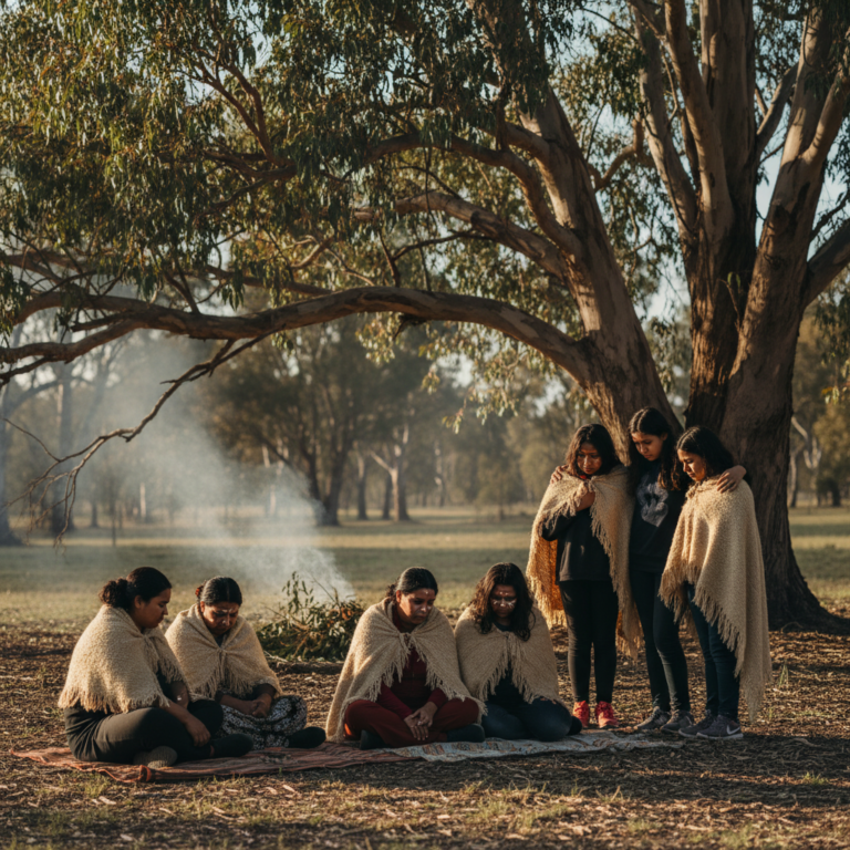 Indigenous Australian family gathers under a eucalyptus tree, mourning together with cultural traditions.