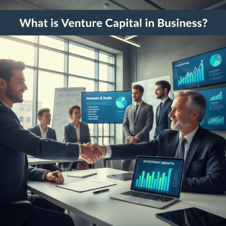 What is Venture Capital in Business? Entrepreneur and investor seal funding in a dynamic office setting.