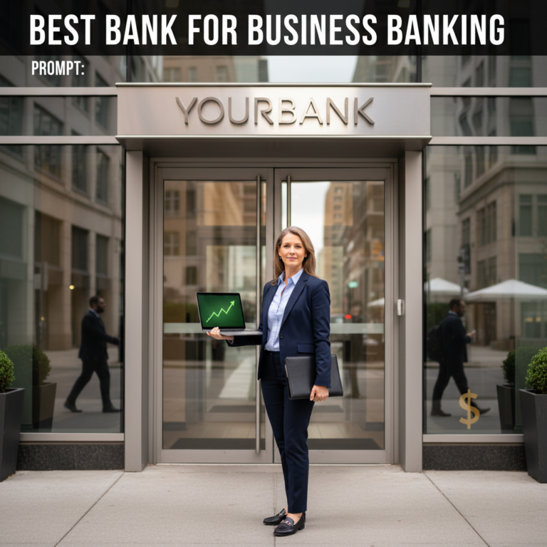 Confident business owner outside "YourBank," symbolizing success and trust for business banking.