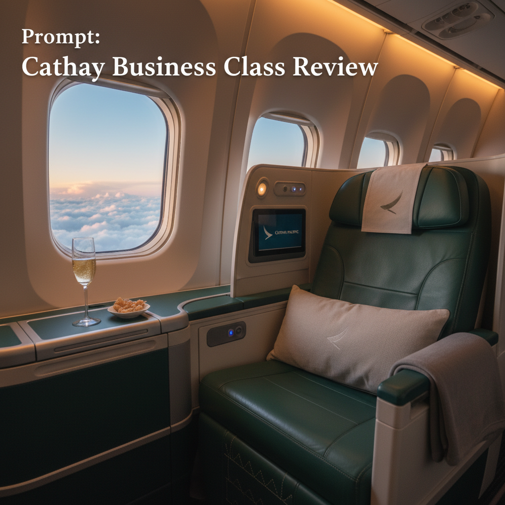 Luxurious Cathay Pacific business class seat with champagne, plush pillows, and sky view through window.