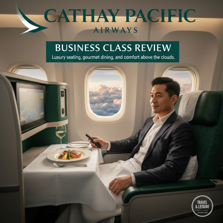 Cathay Pacific Business Class: Luxury seating, gourmet dining, and comfort above the clouds.