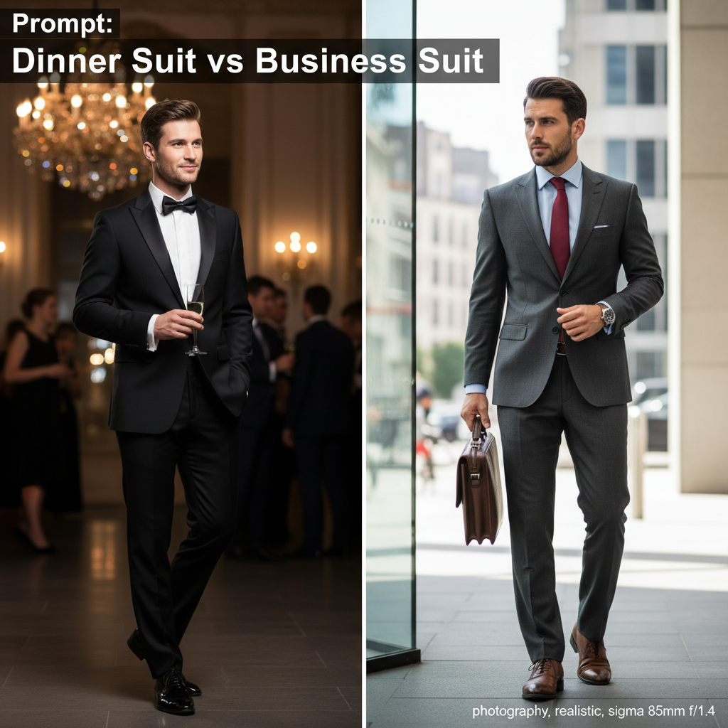 Dinner suit vs business suit: formal tuxedo at an evening event beside a business suit in an office.