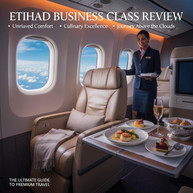 Etihad Business Class luxury: spacious leather seats, gourmet meal, top service, and sky views.