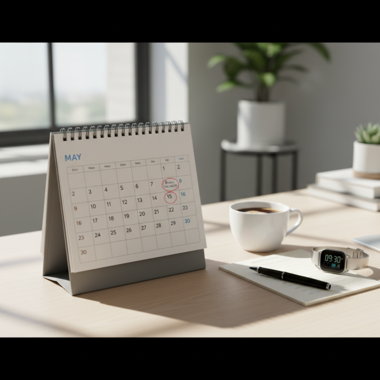 Desk calendar with weekends and holidays marked, office supplies, and clock in a bright workspace.