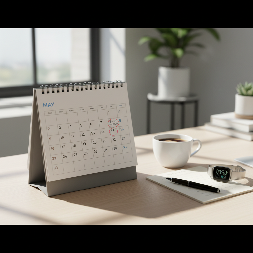 Desk calendar with weekends and holidays marked, office supplies, and clock in a bright workspace.