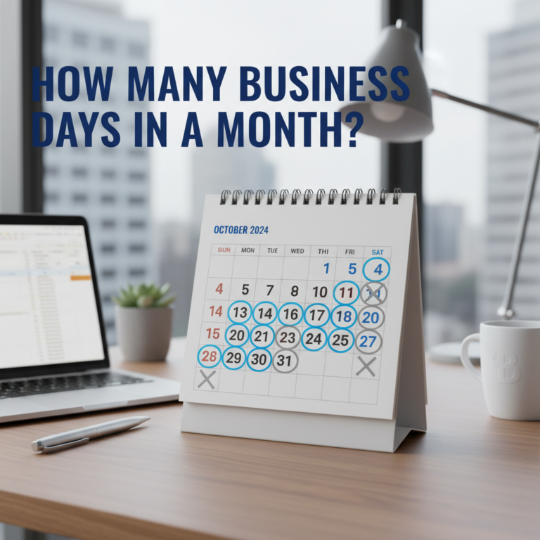 How Many Business Days in a Month? Modern office scene with a bold calendar, highlighting weekdays.