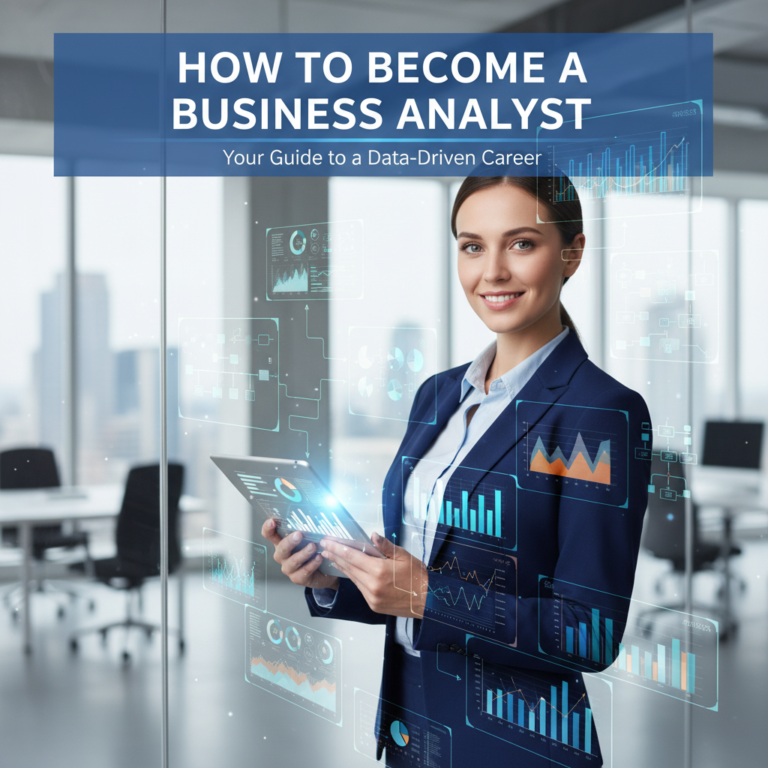 Confident young analyst with tablet in modern office, surrounded by charts and infographics on display