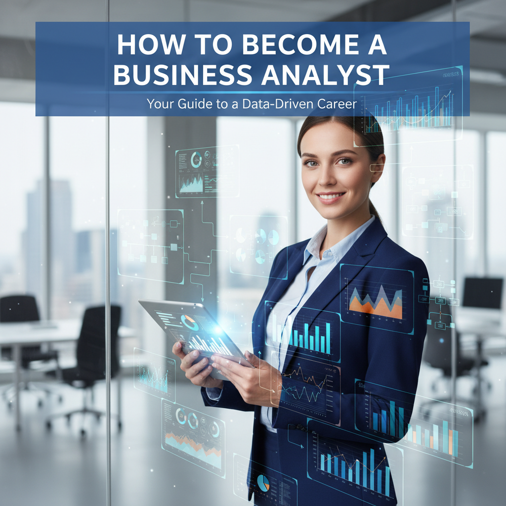 Confident young analyst with tablet in modern office, surrounded by charts and infographics on display