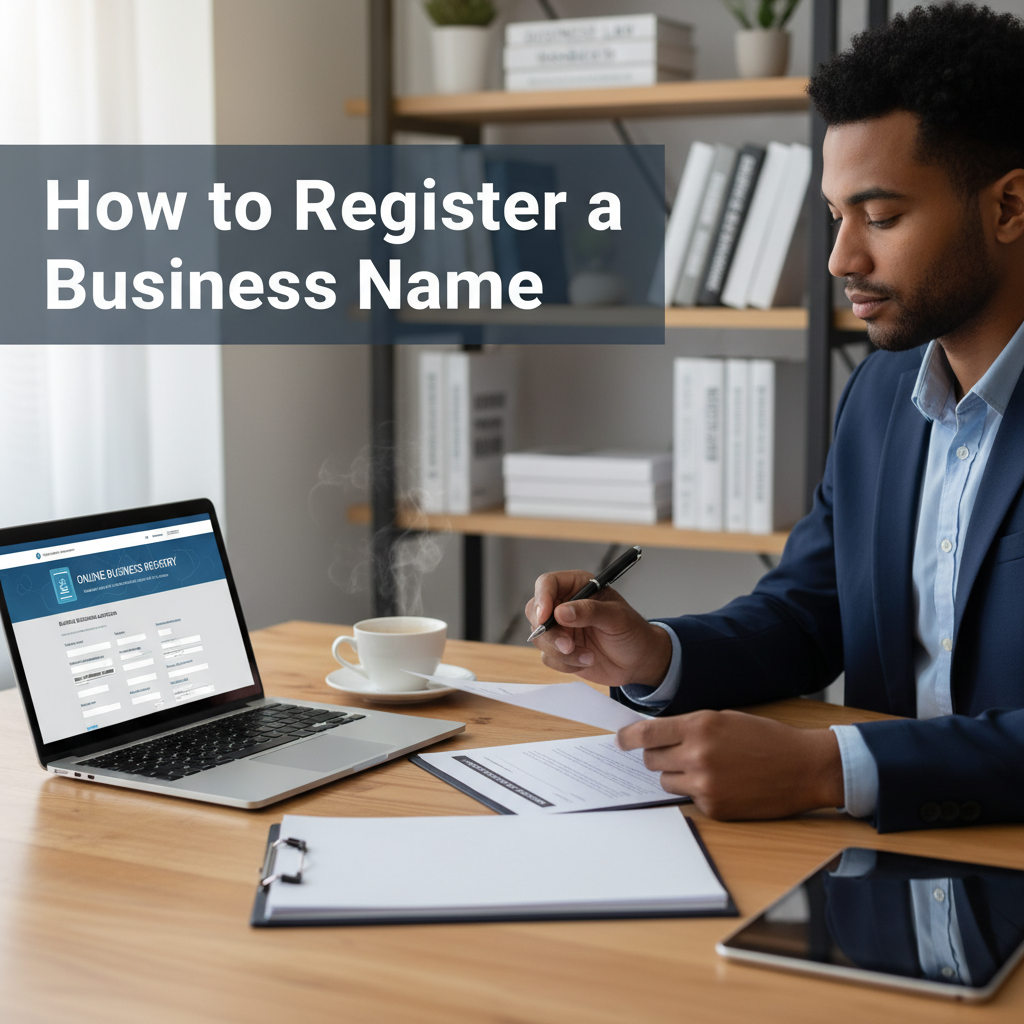 How to Register a Business Name — Professional businessperson filing documents in a modern office setting.