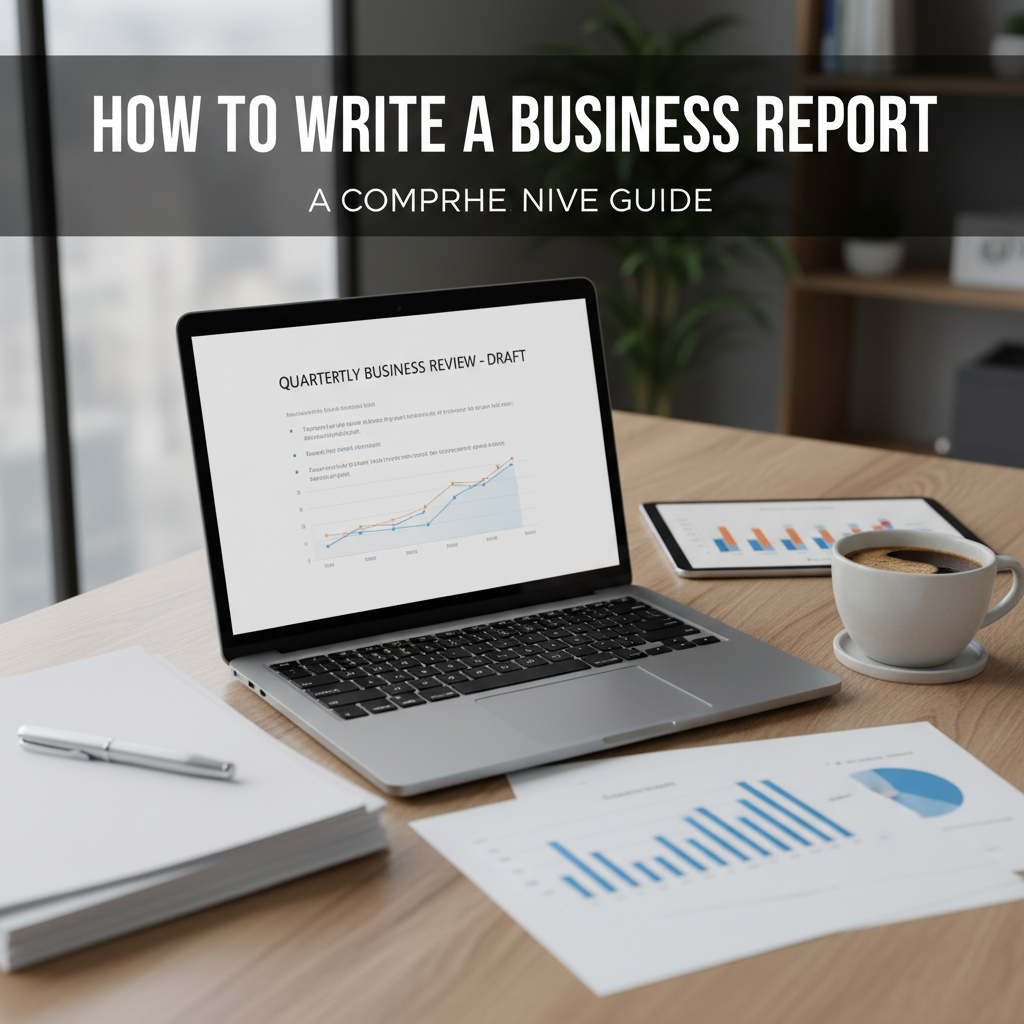 A modern desk setup with a laptop, documents, coffee, and business charts for a report-writing guide.