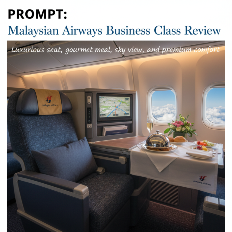 Malaysian Airways Business Class: Luxurious seat, gourmet meal, sky view, and premium comfort.