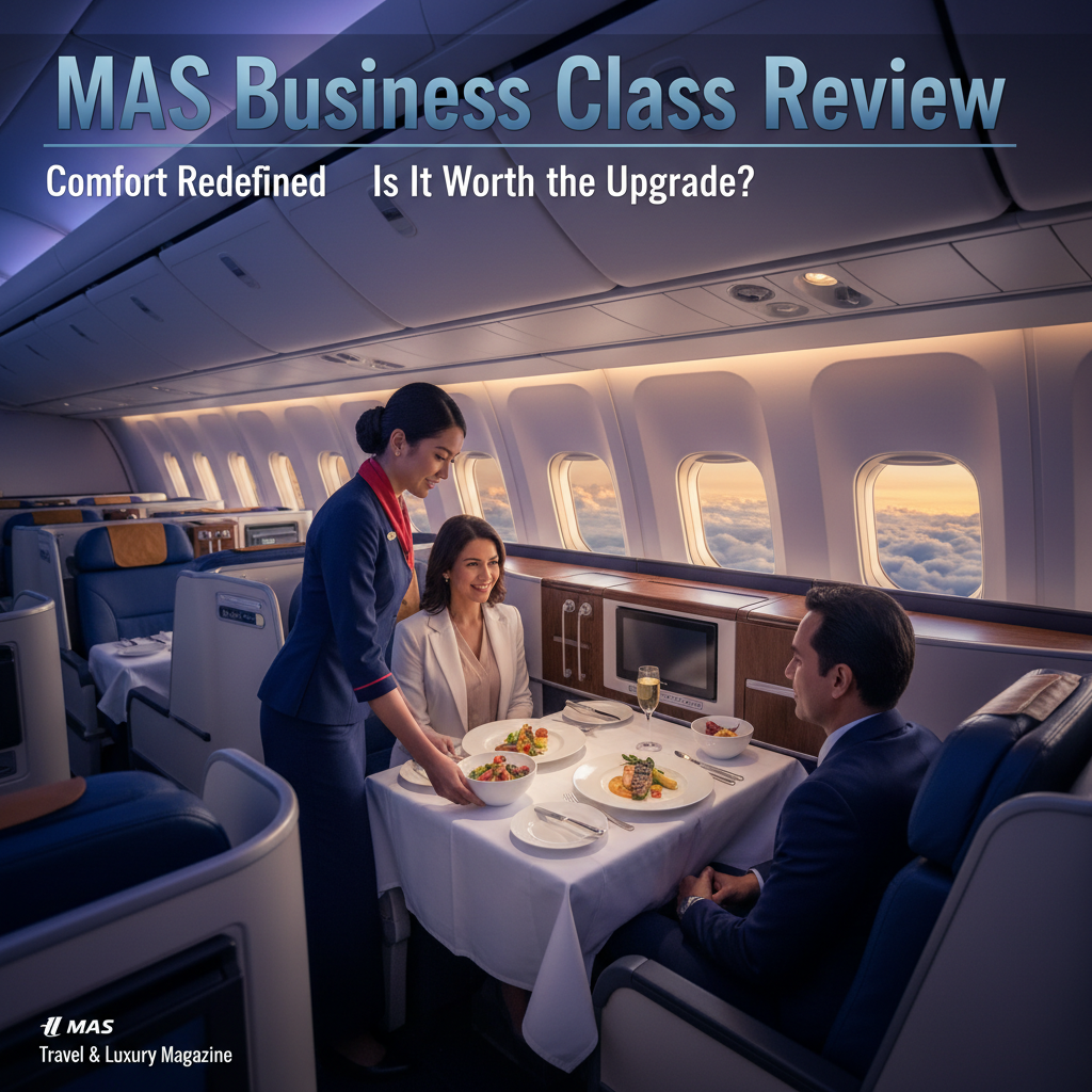 MAS Business Class cabin: plush seats, gourmet meals, and elegant comfort above the clouds.