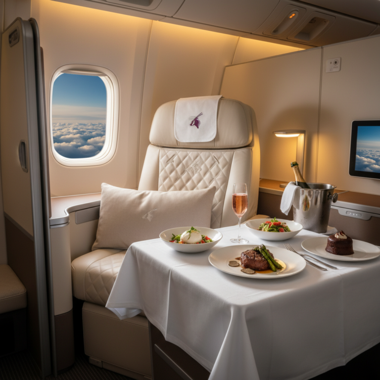 Luxurious Qatar Airways business class seat with fine dining, elegant lighting, and sky view.