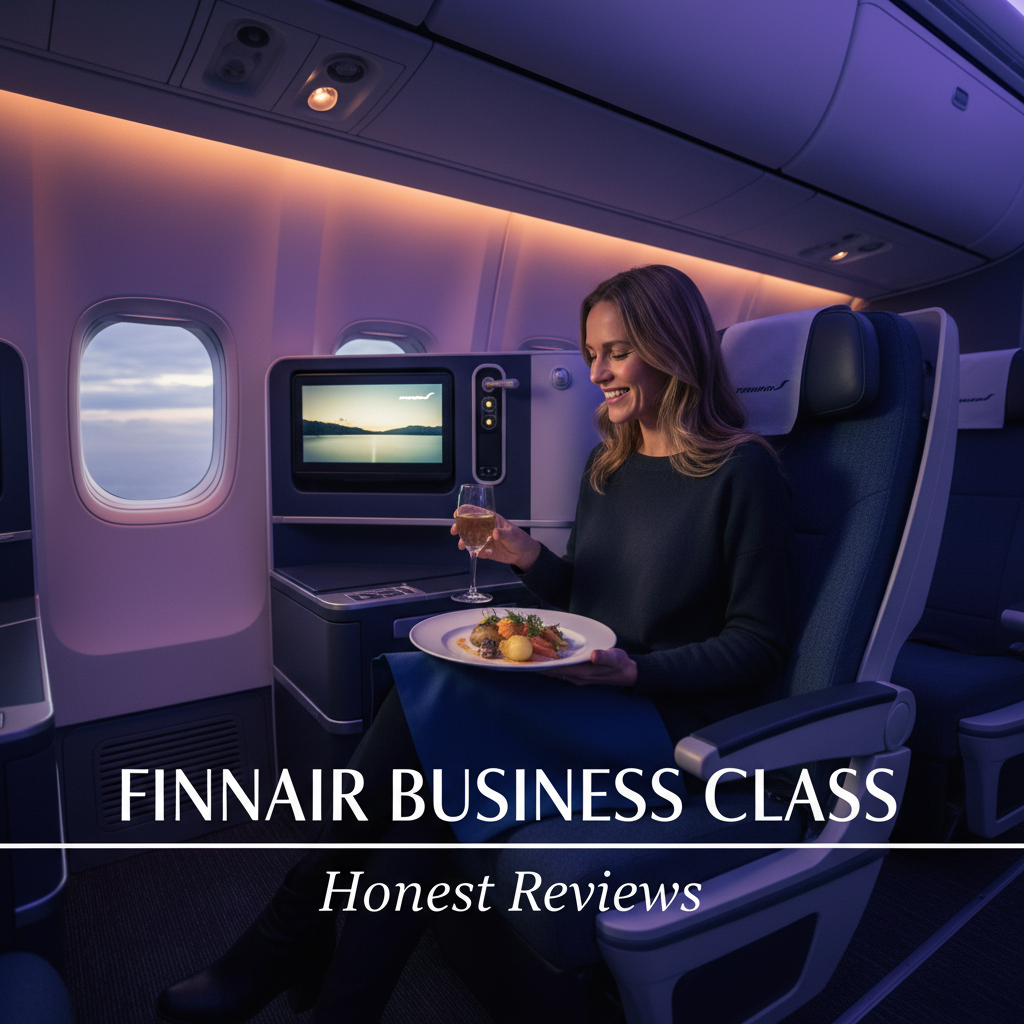 Finnair Business Class seats with gourmet meal, sleek cabin, and "Finnair Business Class: Honest Reviews" text