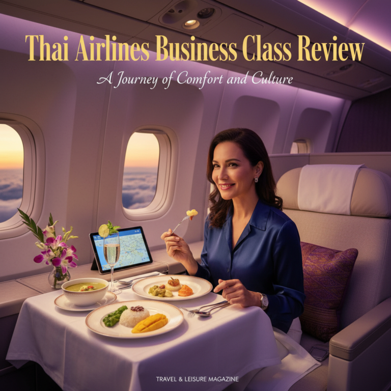 Luxurious Thai Airlines business class cabin with plush seat, gourmet meal, orchids, and happy traveler.
