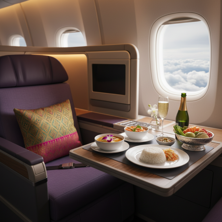 alt_text Luxurious Thai Airways business class seat with Thai meal, champagne, orchid, and daylight clouds.