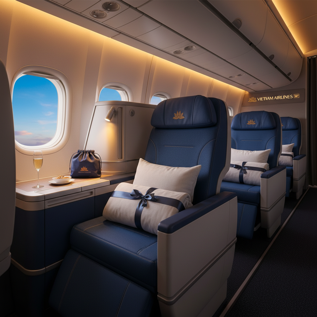 Vietnam Airlines Business Class cabin with spacious seats, plush amenities, and elegant lighting.