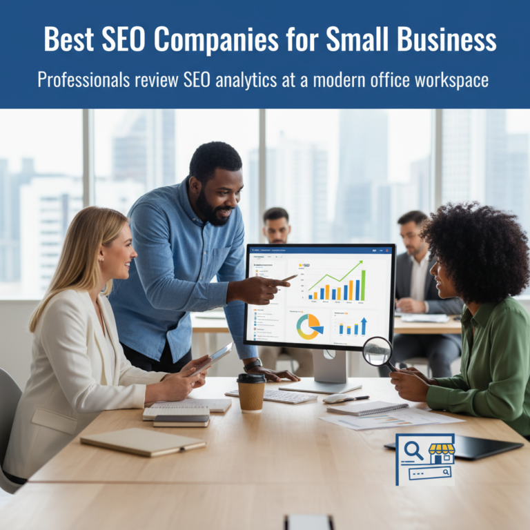 Best SEO Companies for Small Business: Professionals review SEO analytics at a modern office workspace.