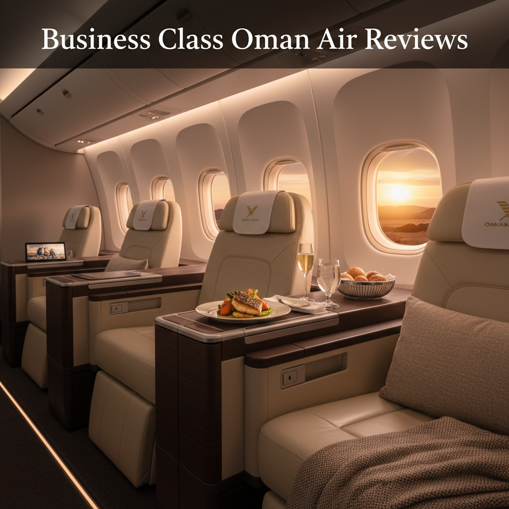 Luxurious Oman Air business class cabin with elegant seating, gourmet meal, and subtle branding.