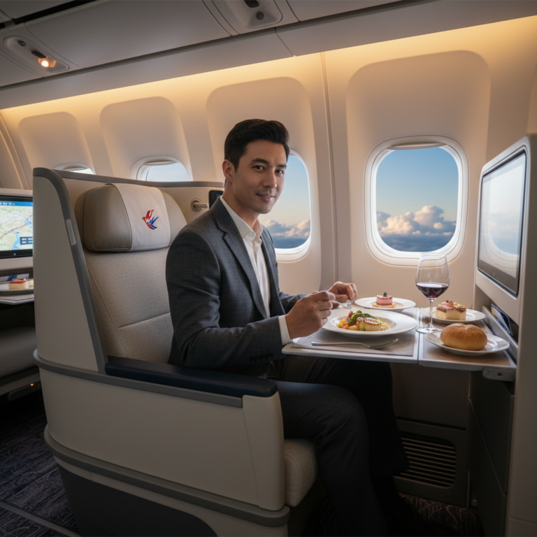 alt_text China Eastern Airlines business class cabin with plush seats, gourmet meal, and luxury ambiance.