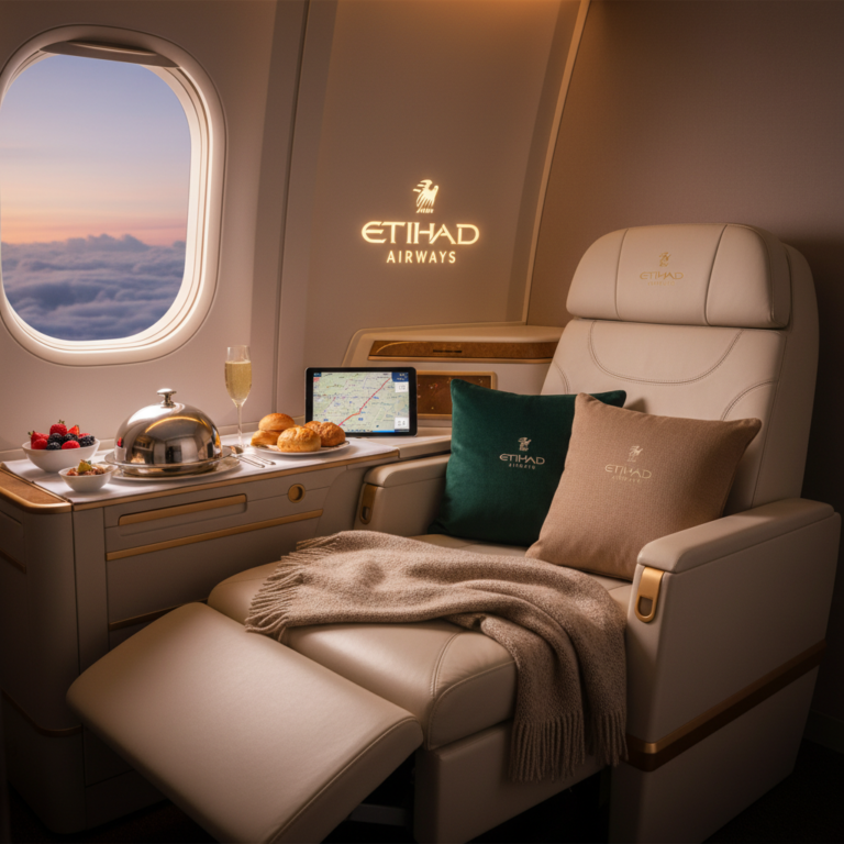 Luxurious Etihad business class seat with meal, sky view, and elegant branding for a premium review.