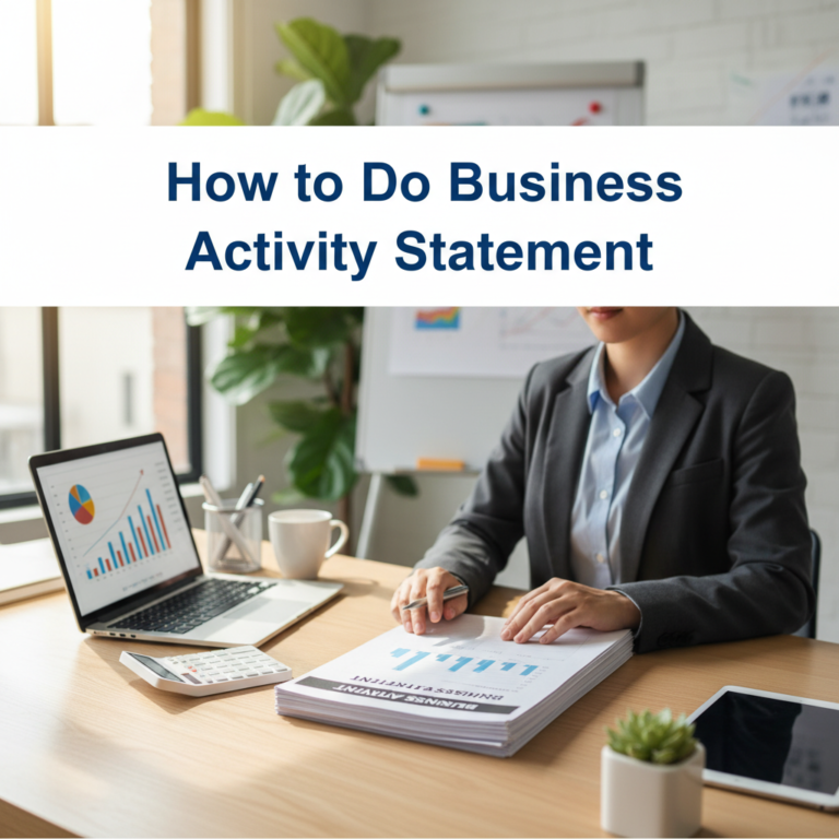 How to Do Business Activity Statement guide cover: professional at desk with finance tools and paperwork.