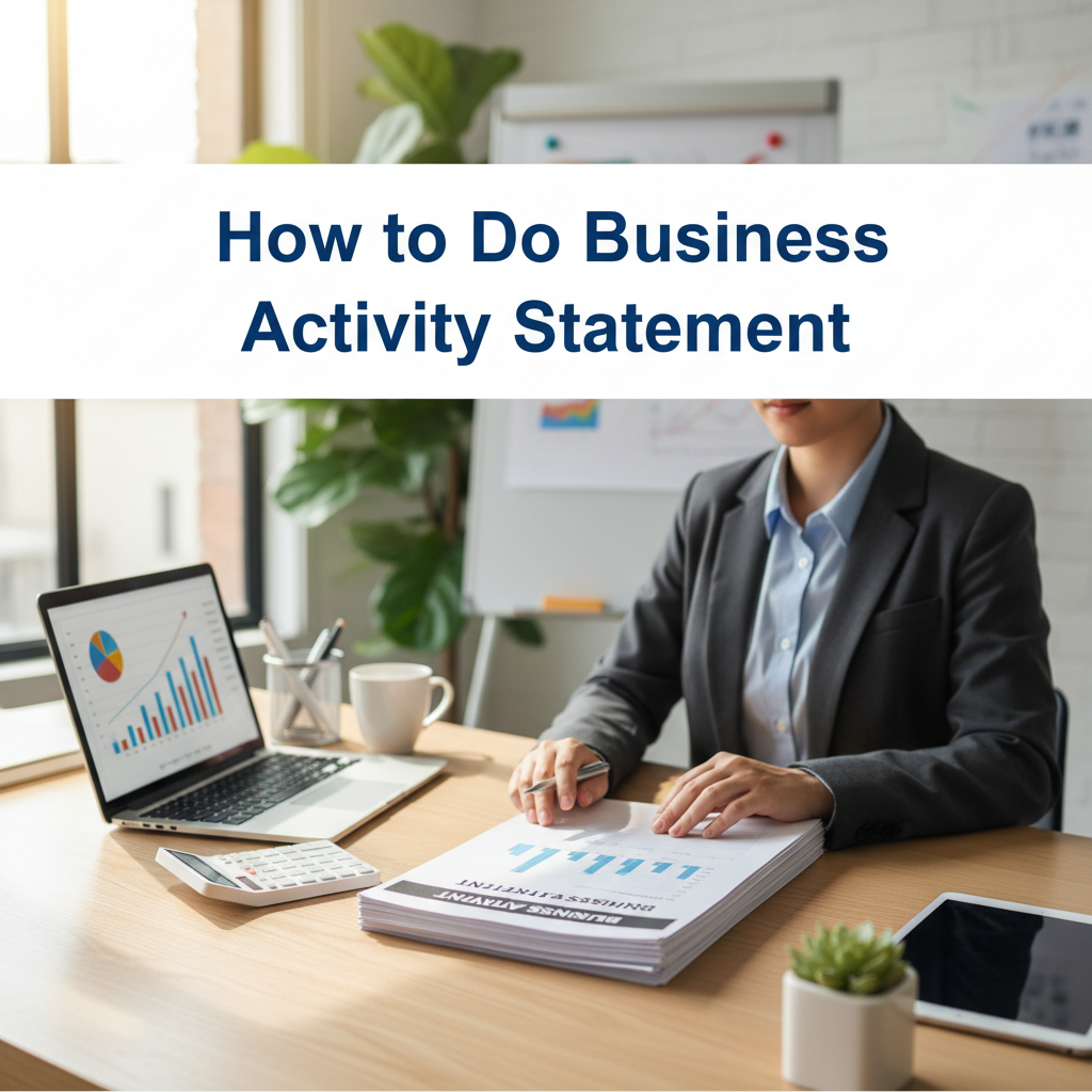 How to Do Business Activity Statement guide cover: professional at desk with finance tools and paperwork.