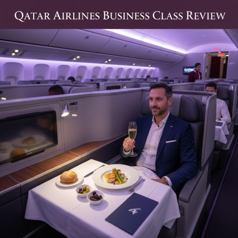 Luxurious Qatar Airways business class with elegant seating, ambient lighting, and premium service.